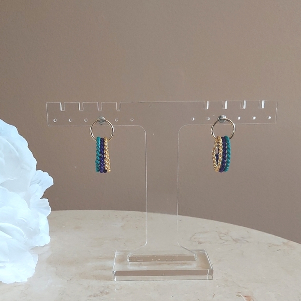 Mardi Gras Gold Purple and Teal Small Twisted Rings Post Back Earrings